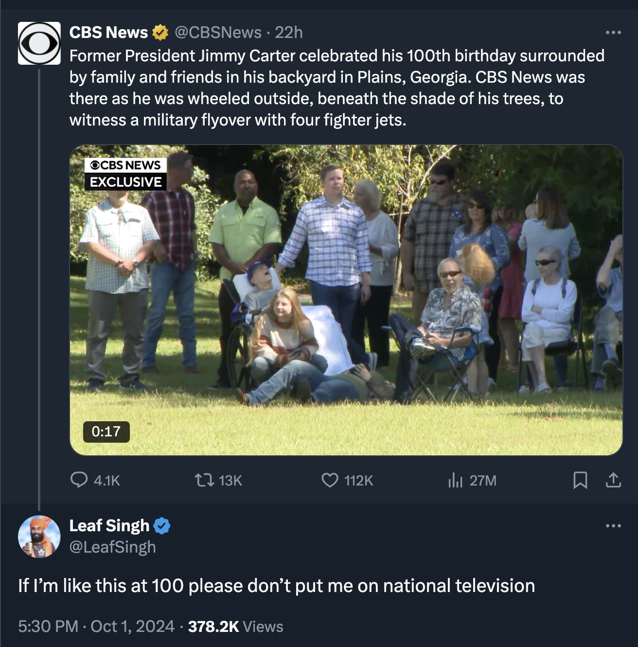 screenshot - Cbs News 22h Former President Jimmy Carter celebrated his 100th birthday surrounded by family and friends in his backyard in Plains, Georgia. Cbs News was there as he was wheeled outside, beneath the shade of his trees, to witness a military 